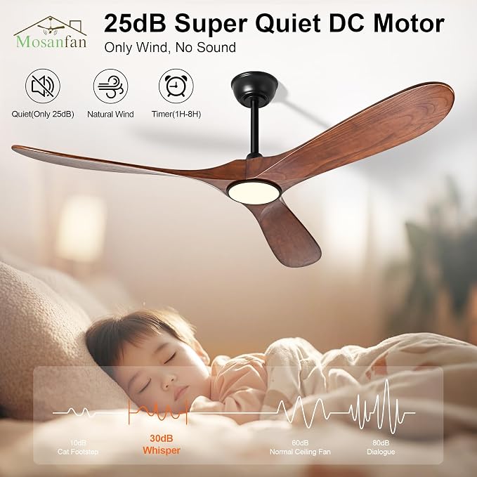 Ceiling Fans with Lights and Remote, 52'' Outdoor Ceiling Fan with 6 Speed Noiseless Reversible DC Motor, Indoor 3 Blade Wood