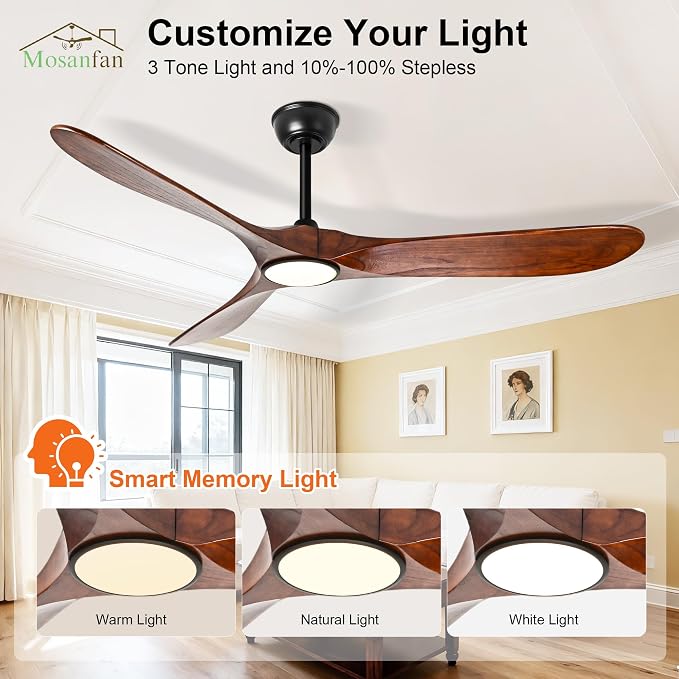 Ceiling Fans with Lights and Remote, 52'' Outdoor Ceiling Fan with 6 Speed Noiseless Reversible DC Motor, Indoor 3 Blade Wood