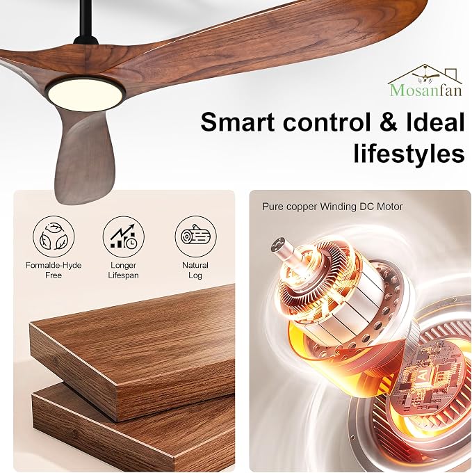 Ceiling Fans with Lights and Remote, 52'' Outdoor Ceiling Fan with 6 Speed Noiseless Reversible DC Motor, Indoor 3 Blade Wood
