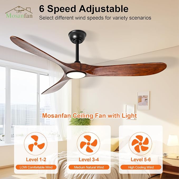 Ceiling Fans with Lights and Remote, 52'' Outdoor Ceiling Fan with 6 Speed Noiseless Reversible DC Motor, Indoor 3 Blade Wood