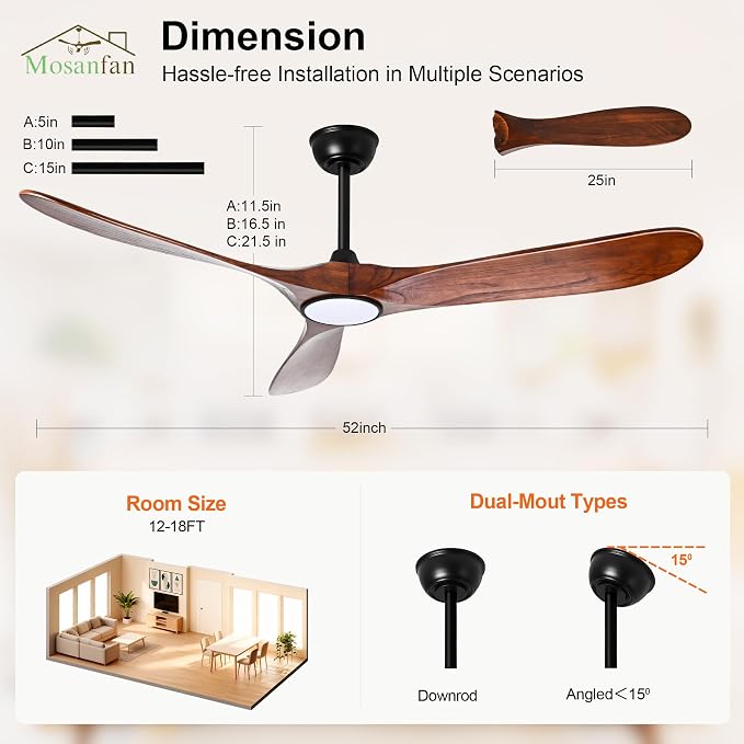 Ceiling Fans with Lights and Remote, 52'' Outdoor Ceiling Fan with 6 Speed Noiseless Reversible DC Motor, Indoor 3 Blade Wood