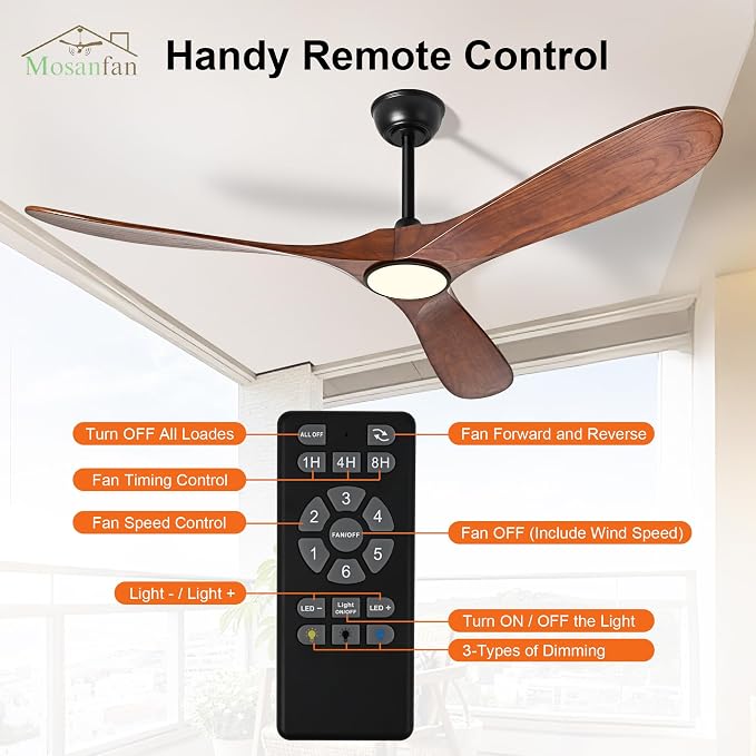 Ceiling Fans with Lights and Remote, 52'' Outdoor Ceiling Fan with 6 Speed Noiseless Reversible DC Motor, Indoor 3 Blade Wood