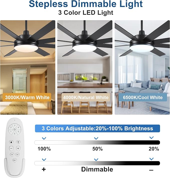 Ceiling Fans with Lights and Remote - 62 Inch Black Modern Ceiling Fan with Light for Bedroom Living Room Kitchen Indoor - 6