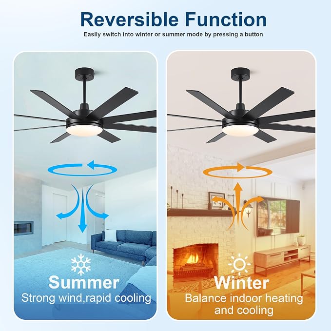 Ceiling Fans with Lights and Remote - 62 Inch Black Modern Ceiling Fan with Light for Bedroom Living Room Kitchen Indoor - 6