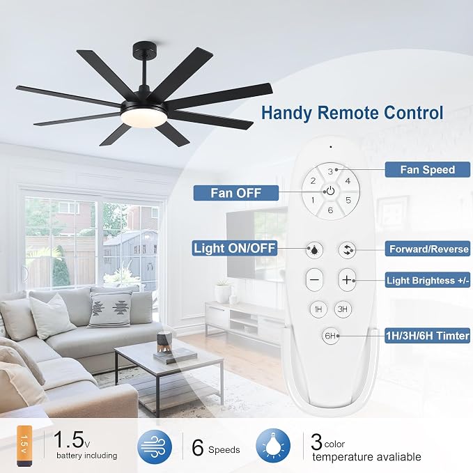 Ceiling Fans with Lights and Remote - 62 Inch Black Modern Ceiling Fan with Light for Bedroom Living Room Kitchen Indoor - 6