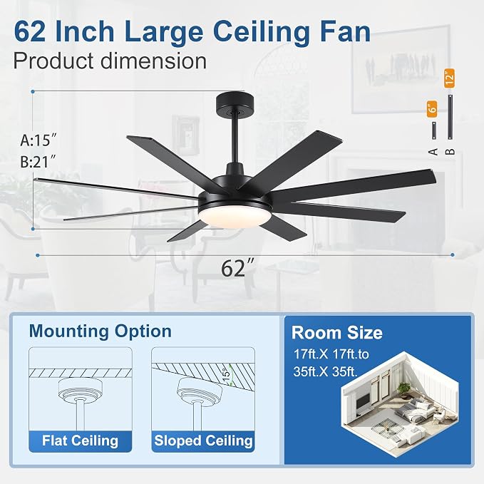 Ceiling Fans with Lights and Remote - 62 Inch Black Modern Ceiling Fan with Light for Bedroom Living Room Kitchen Indoor - 6
