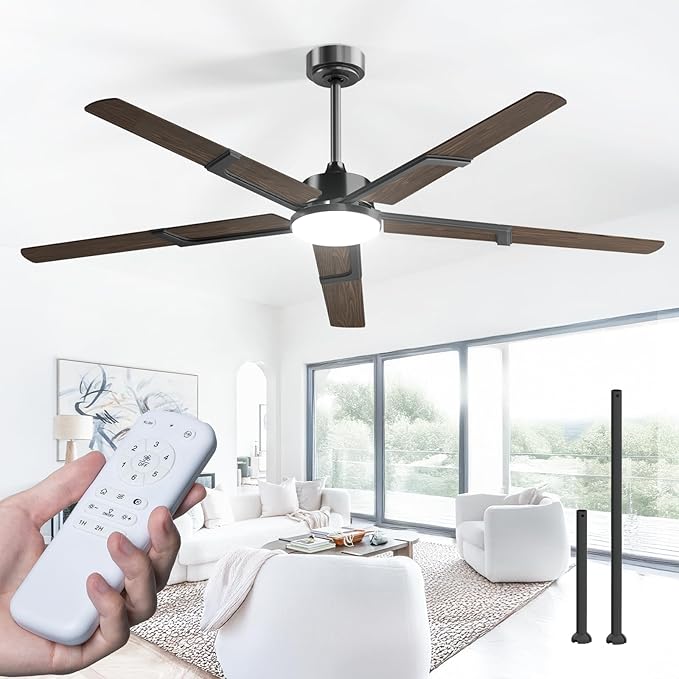 Ceiling Fans with Lights and Remote, 62 Inch Walnut Indoor/Outdoor Ceiling Fan with 6 Speed, Reversible DC Motor, 3CCT