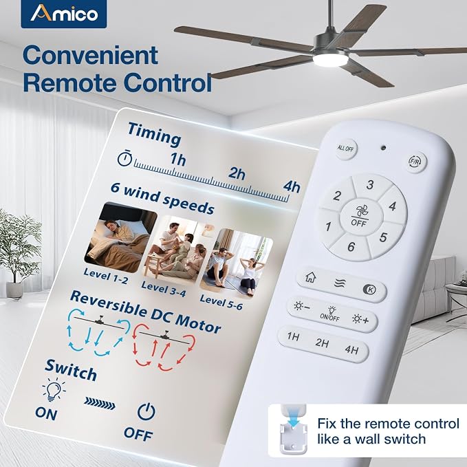 Ceiling Fans with Lights and Remote, 62 Inch Walnut Indoor/Outdoor Ceiling Fan with 6 Speed, Reversible DC Motor, 3CCT
