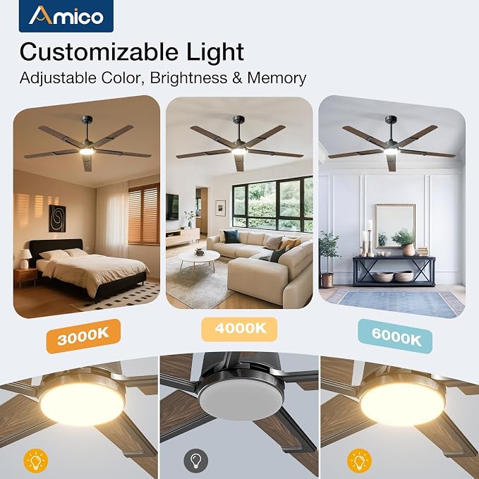 Ceiling Fans with Lights and Remote, 62 Inch Walnut Indoor/Outdoor Ceiling Fan with 6 Speed, Reversible DC Motor, 3CCT