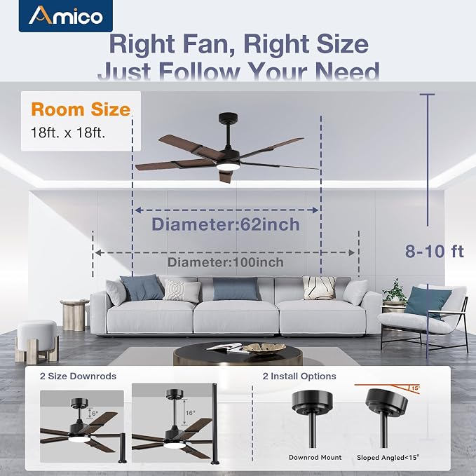 Ceiling Fans with Lights and Remote, 62 Inch Walnut Indoor/Outdoor Ceiling Fan with 6 Speed, Reversible DC Motor, 3CCT