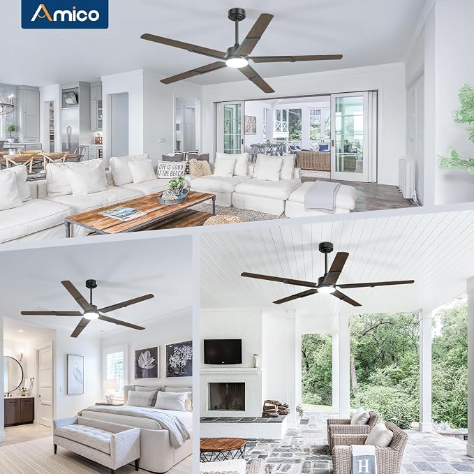 Ceiling Fans with Lights and Remote, 62 Inch Walnut Indoor/Outdoor Ceiling Fan with 6 Speed, Reversible DC Motor, 3CCT