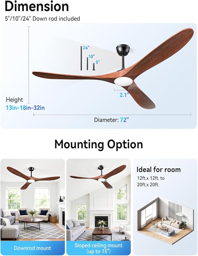Ceiling Fans with Lights and Remote 72 Inch, 3 Wood Blades, 3 Downrods, DC Motor, Timer, Dimmable LED, 6 Speeds, alternate