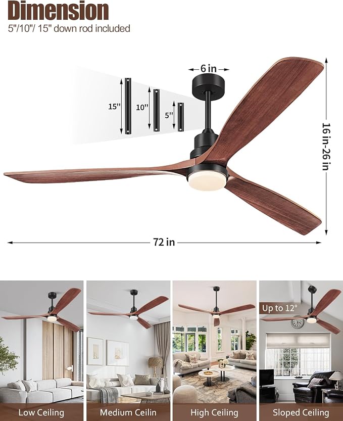 Ceiling Fans with Lights and Remote, 72 Inch Outdoor Ceiling Fan with Light, 3 Downrods, ETL Listed, alternate product view 2