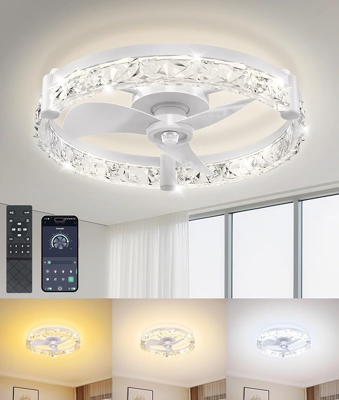 Ceiling Fans with Lights and Remote App 20'' Low Profile Ceiling Fan 3000-6500K 0-100% Dimmable Modern Flush Mount Ceiling