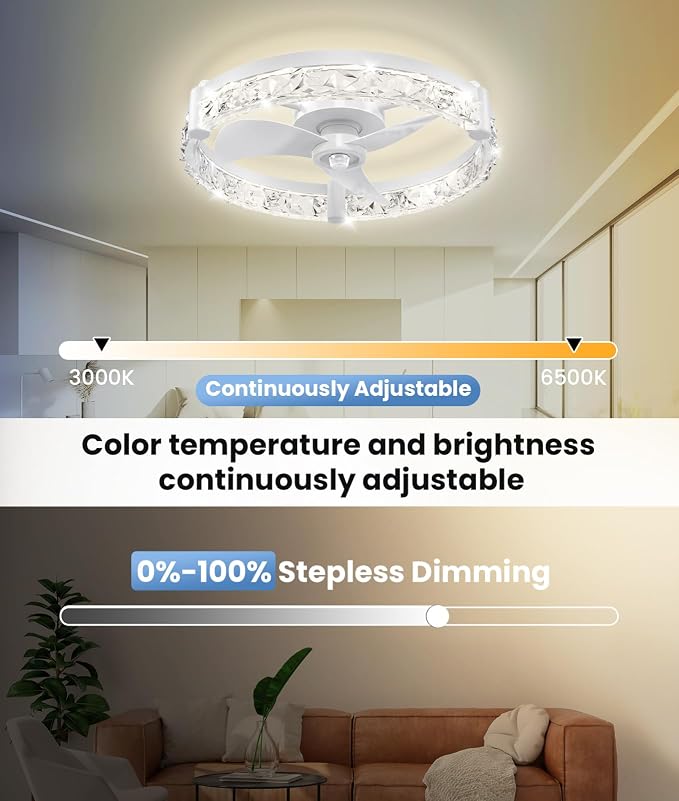 Ceiling Fans with Lights and Remote App 20'' Low Profile Ceiling Fan 3000-6500K 0-100% Dimmable Modern Flush Mount Ceiling