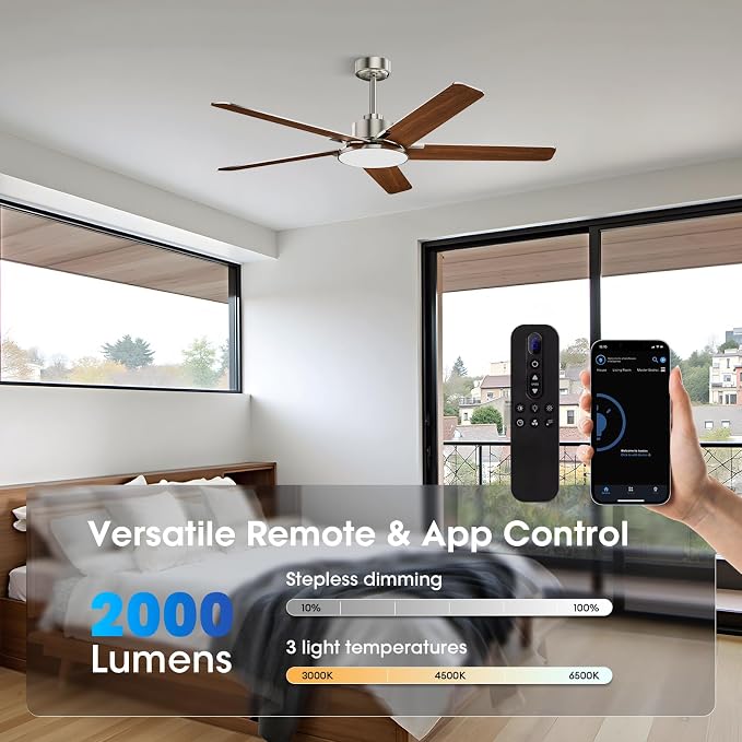 Ceiling Fans with Lights and Remote Control, 52 Inch Modern Ceiling Fan with 3CCT Dimmable LED, 6 Speeds, Quiet Reversible DC