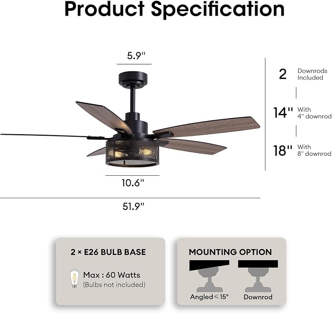 Ceiling Fans with Lights and Remote Control, Ceiling Fan for Bedroom Living Room (52 Inch Black-1), alternate product view 2