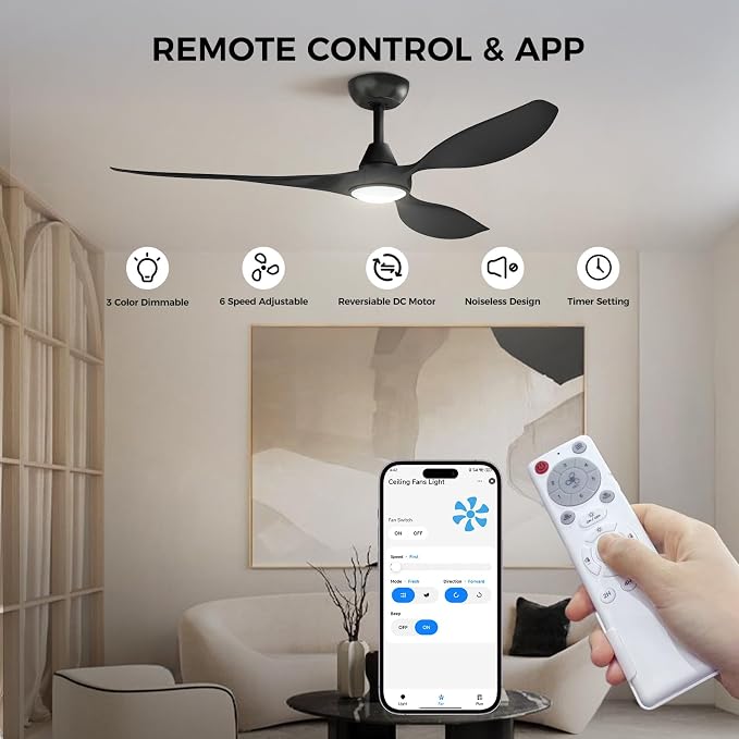 Ceiling Fans with Lights and Remote Control,Quiet Noiseless Reversible DC Motor,6 Speeds,Timers, 3 CCT, Indoor Use, Plastic