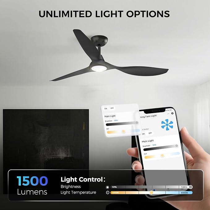 Ceiling Fans with Lights and Remote Control,Quiet Noiseless Reversible DC Motor,6 Speeds,Timers, 3 CCT, Indoor Use, Plastic