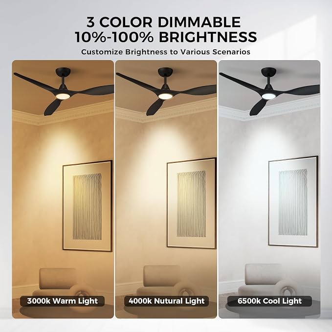 Ceiling Fans with Lights and Remote Control,Quiet Noiseless Reversible DC Motor,6 Speeds,Timers, 3 CCT, Indoor Use, Plastic