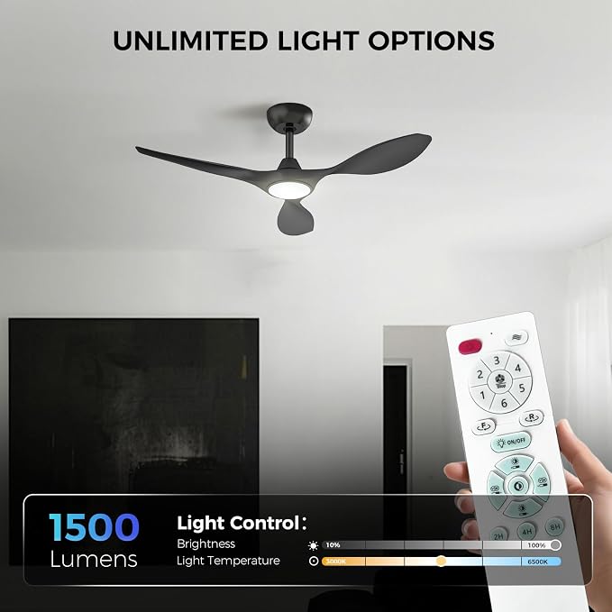Ceiling Fans with Lights and Remote Control,Quiet Noiseless Reversible DC Motor,6 Speeds,Timers, 3 CCT, Indoor Use, Plastic