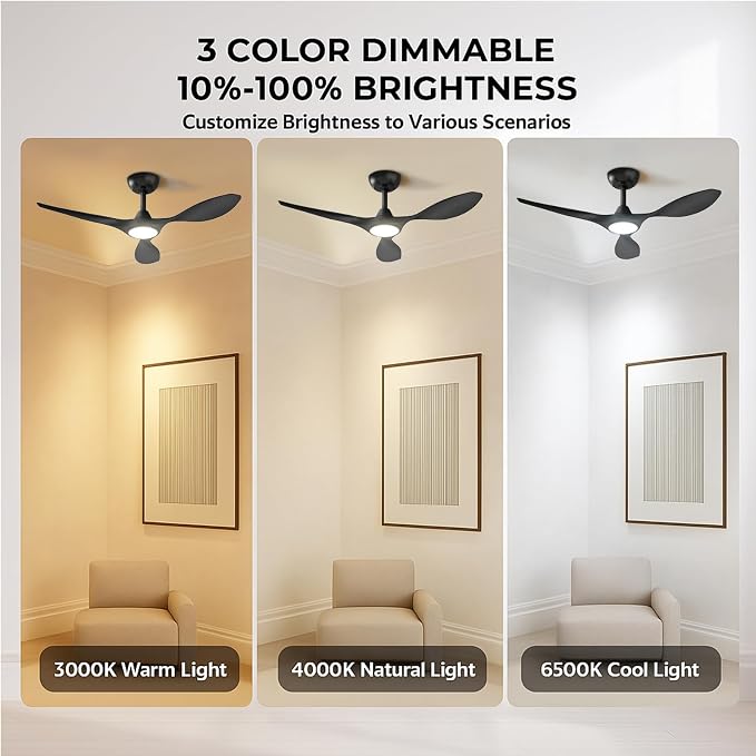 Ceiling Fans with Lights and Remote Control,Quiet Noiseless Reversible DC Motor,6 Speeds,Timers, 3 CCT, Indoor Use, Plastic