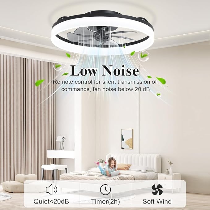 Ceiling Fans with Lights and Remote Fandelier - 20'' Flush Mount Low Profile Modern Black Ceiling Fans for Bedroom - Stepless