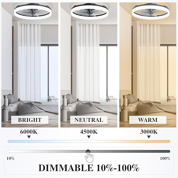 Ceiling Fans with Lights and Remote Fandelier - 20'' Flush Mount Low Profile Modern Black Ceiling Fans for Bedroom - Stepless