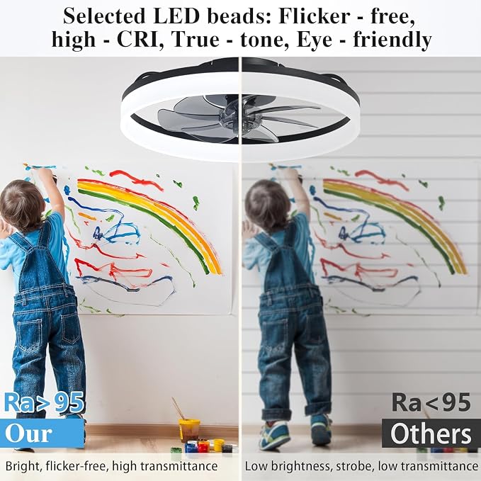 Ceiling Fans with Lights and Remote Fandelier - 20'' Flush Mount Low Profile Modern Black Ceiling Fans for Bedroom - Stepless