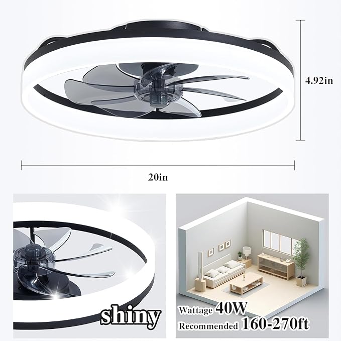 Ceiling Fans with Lights and Remote Fandelier - 20'' Flush Mount Low Profile Modern Black Ceiling Fans for Bedroom - Stepless