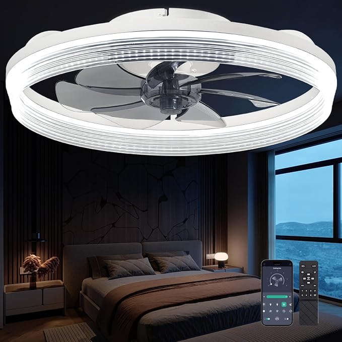 Ceiling Fans with Lights and Remote Fandelier - 20'' White Flush Mount Low Profile Modern Ceiling Fans for Bedroom - Stepless