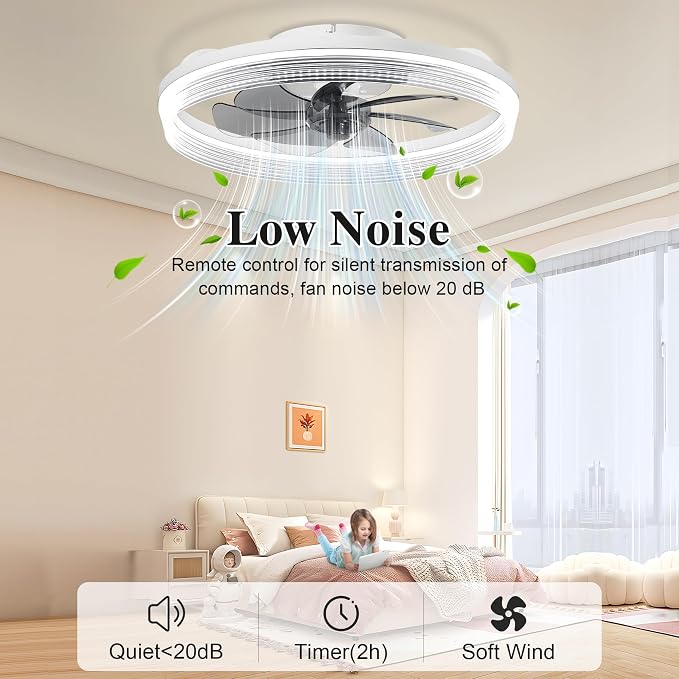 Ceiling Fans with Lights and Remote Fandelier - 20'' White Flush Mount Low Profile Modern Ceiling Fans for Bedroom - Stepless