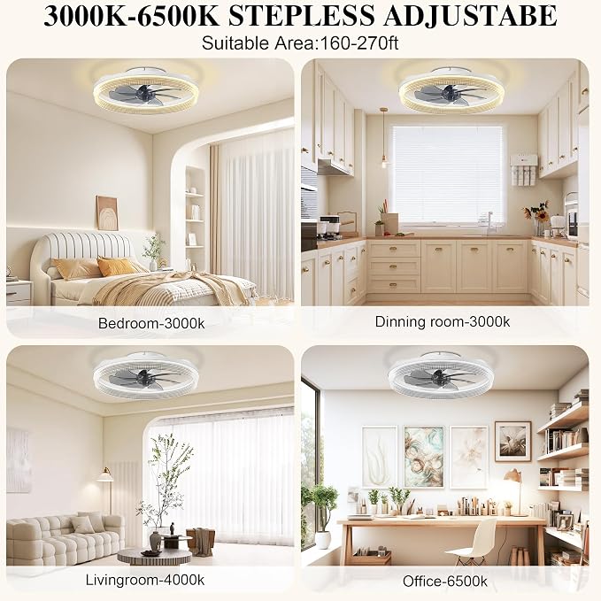 Ceiling Fans with Lights and Remote Fandelier - 20'' White Flush Mount Low Profile Modern Ceiling Fans for Bedroom - Stepless
