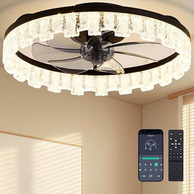 Ceiling Fans with Lights and Remote Fandelier - Black Crystal 20'' Flush Mount Low Profile Modern Ceiling Fans for Bedroom