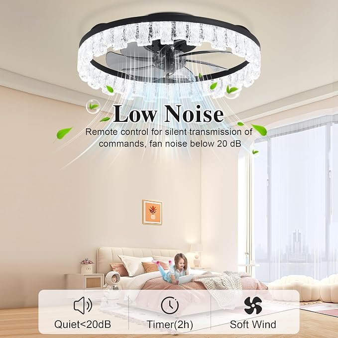 Ceiling Fans with Lights and Remote Fandelier - Black Crystal 20'' Flush Mount Low Profile Modern Ceiling Fans for Bedroom