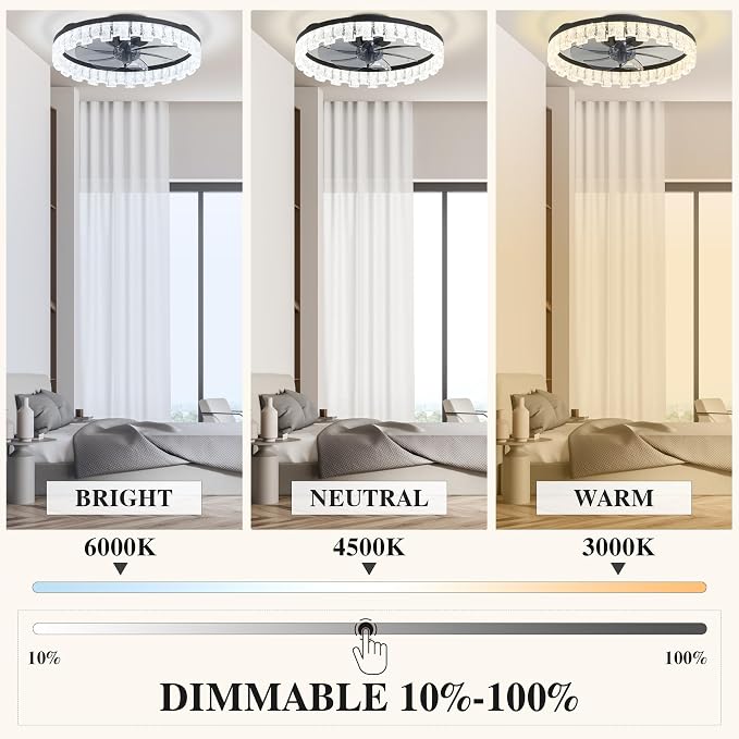 Ceiling Fans with Lights and Remote Fandelier - Black Crystal 20'' Flush Mount Low Profile Modern Ceiling Fans for Bedroom