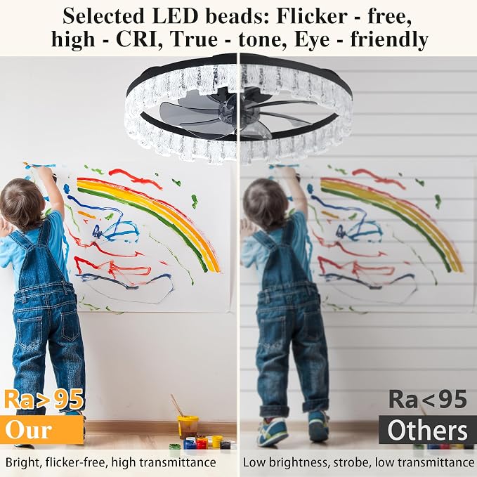 Ceiling Fans with Lights and Remote Fandelier - Black Crystal 20'' Flush Mount Low Profile Modern Ceiling Fans for Bedroom