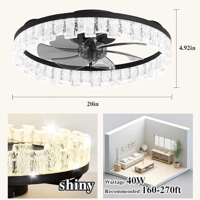 Ceiling Fans with Lights and Remote Fandelier - Black Crystal 20'' Flush Mount Low Profile Modern Ceiling Fans for Bedroom
