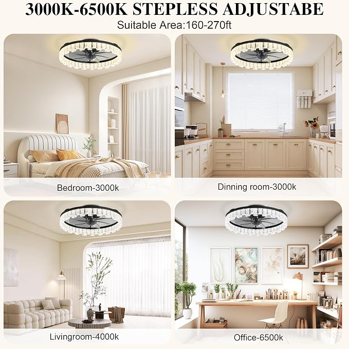 Ceiling Fans with Lights and Remote Fandelier - Black Crystal 20'' Flush Mount Low Profile Modern Ceiling Fans for Bedroom