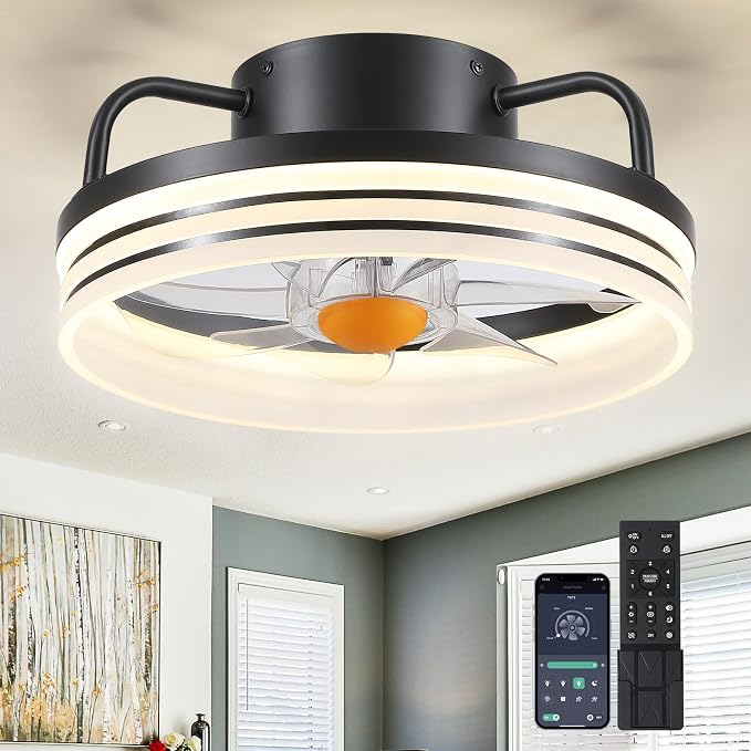 Ceiling Fans with Lights and Remote - Flush Mount Low Profile Ceiling Fans - 13” Bladeless Enclosed Ceiling Fans with Led