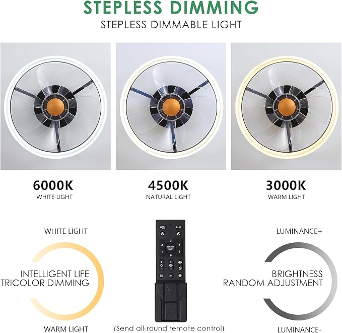 Ceiling Fans with Lights and Remote - Flush Mount Low Profile Ceiling Fans - 13” Bladeless Enclosed Ceiling Fans with Led