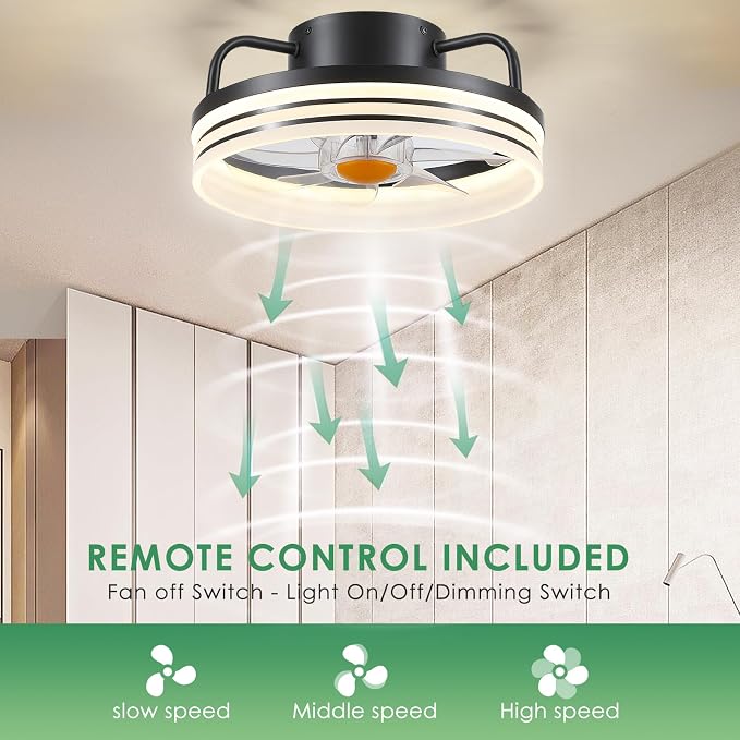 Ceiling Fans with Lights and Remote - Flush Mount Low Profile Ceiling Fans - 13” Bladeless Enclosed Ceiling Fans with Led