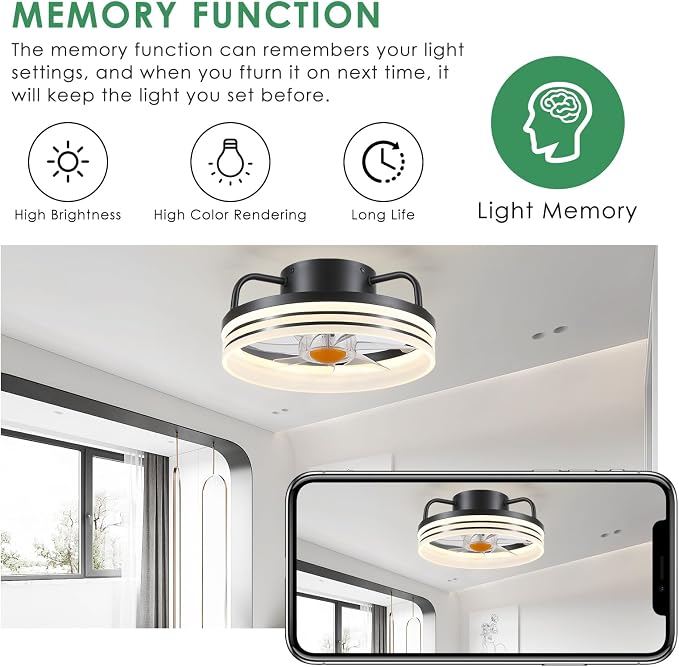 Ceiling Fans with Lights and Remote - Flush Mount Low Profile Ceiling Fans - 13” Bladeless Enclosed Ceiling Fans with Led