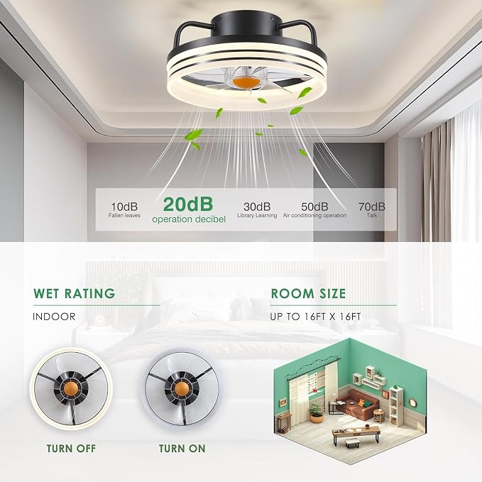 Ceiling Fans with Lights and Remote - Flush Mount Low Profile Ceiling Fans - 13” Bladeless Enclosed Ceiling Fans with Led