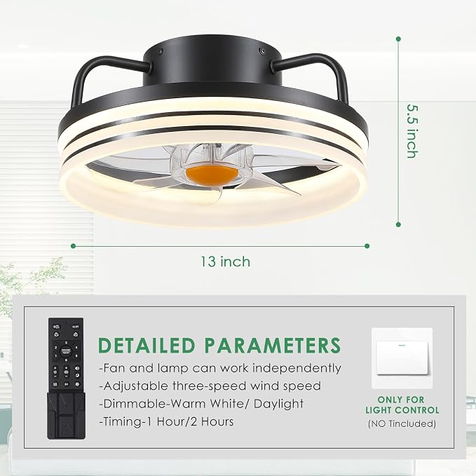 Ceiling Fans with Lights and Remote - Flush Mount Low Profile Ceiling Fans - 13” Bladeless Enclosed Ceiling Fans with Led