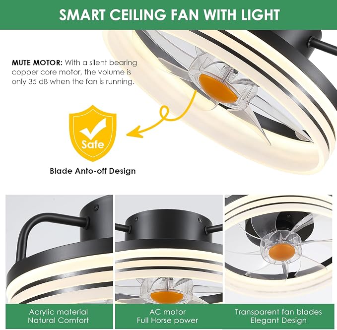 Ceiling Fans with Lights and Remote - Flush Mount Low Profile Ceiling Fans - 13” Bladeless Enclosed Ceiling Fans with Led
