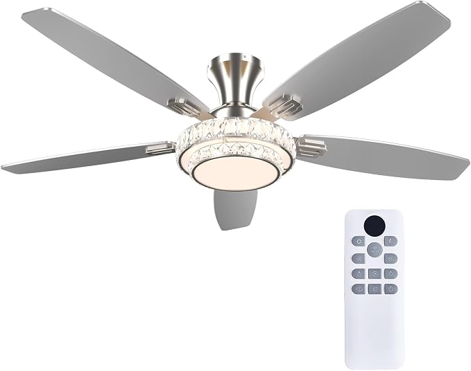 Ceiling Fans with Lights-Crystal Ceiling Fan,52" Low Profile Ceiling Fan and Remote Control, Flush Mount, Reversible, 3CCT