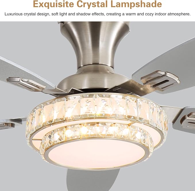Ceiling Fans with Lights-Crystal Ceiling Fan,52" Low Profile Ceiling Fan and Remote Control, Flush Mount, Reversible, 3CCT