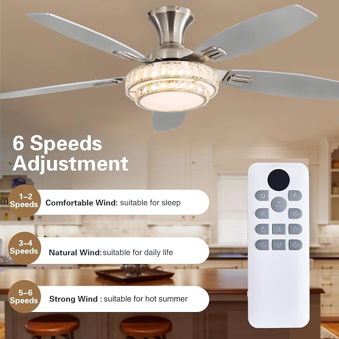 Ceiling Fans with Lights-Crystal Ceiling Fan,52" Low Profile Ceiling Fan and Remote Control, Flush Mount, Reversible, 3CCT