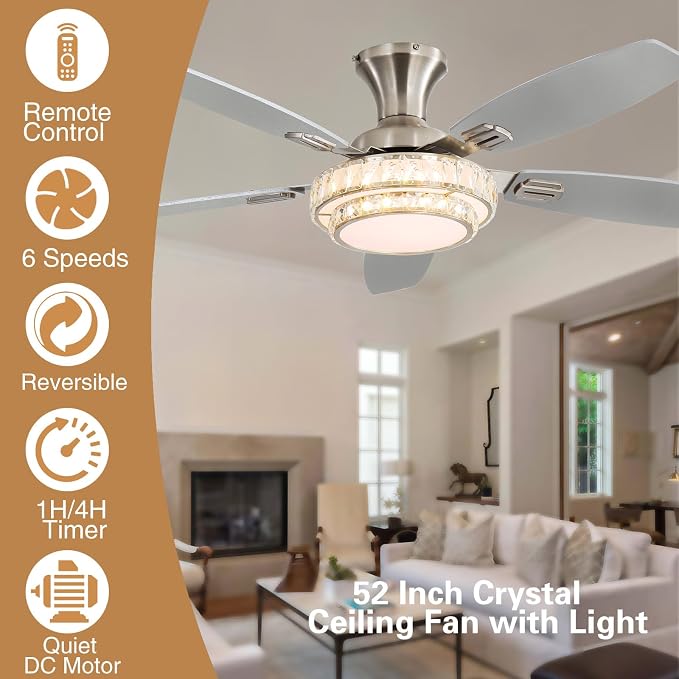 Ceiling Fans with Lights-Crystal Ceiling Fan,52" Low Profile Ceiling Fan and Remote Control, Flush Mount, Reversible, 3CCT